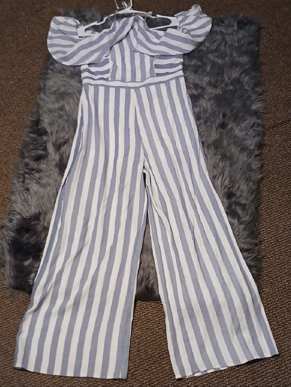 Striped Off-Shoulder Wide-Leg Jumpsuit in Blue & White